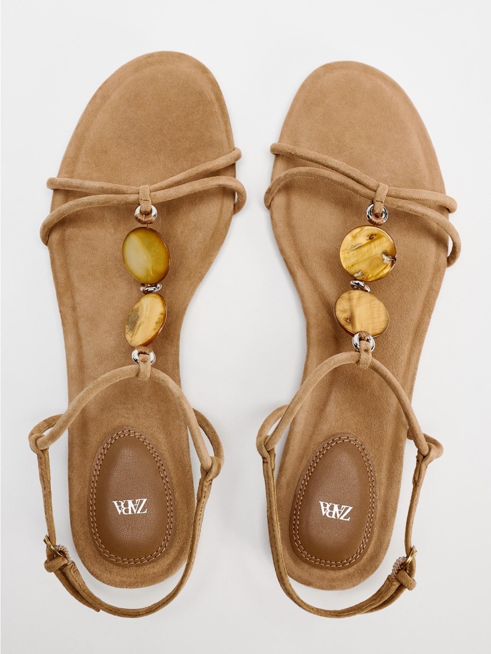 Zara NWT beaded Tan Suede Strappy Flat Sandals